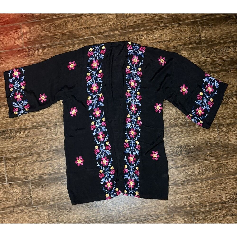 Black Floral Embroidered Kimono Duster - One Size